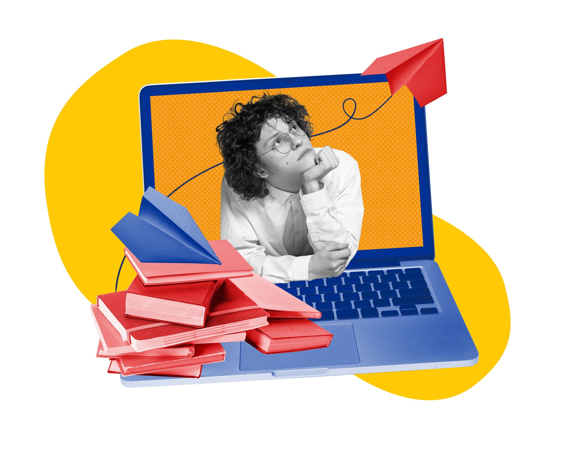 Poster. Contemporary art collage. Thoughtful man, student emerges from orange laptop screen, with red stack of books and flying paper airplane.