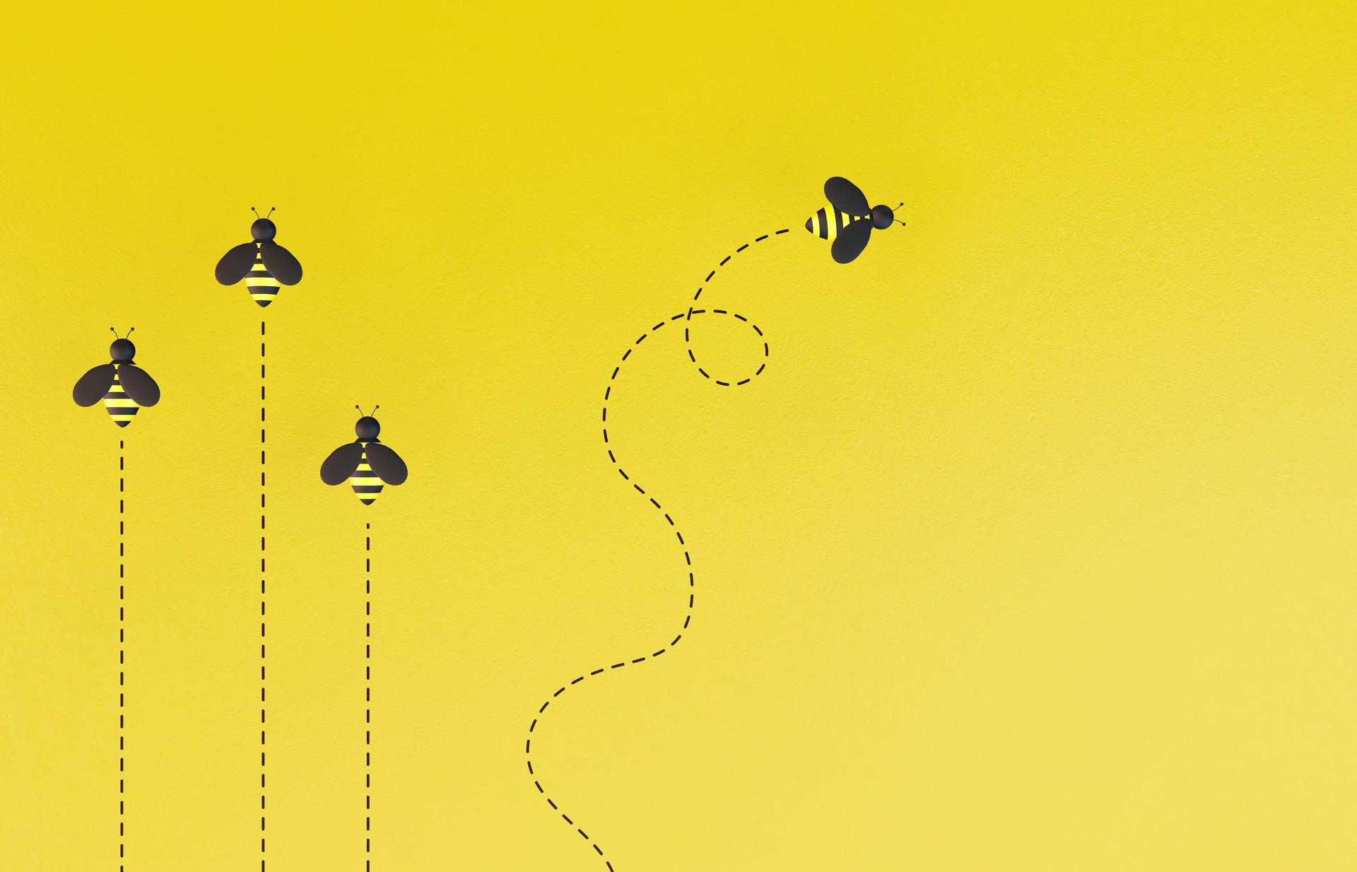 Leadership concept. 3D render bees on yellow background.