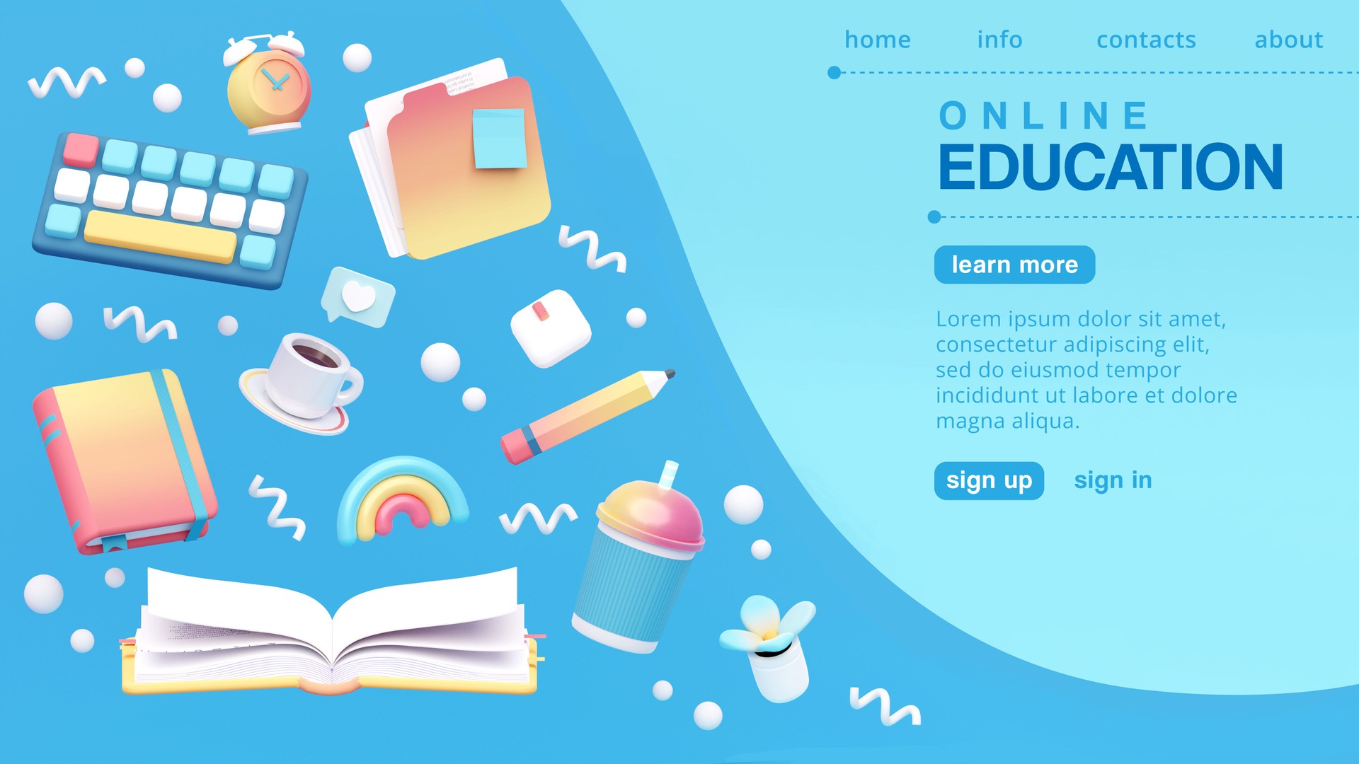 Simple Online Education Landing Page Template. 3D Render of Stationary Floating Around Isolated on Blue Background. E-Learning